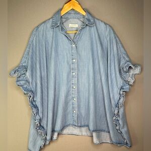 Zara chambray button-up top with ruffled dolman sleeves